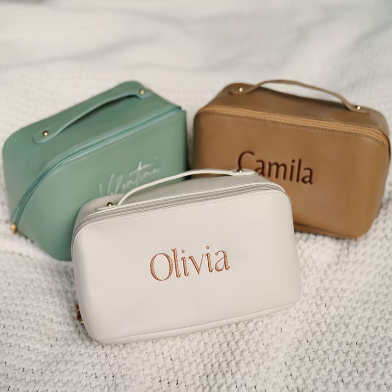 Personalized Embroidered Makeup Bag, Custom Name Initial Toiletry Bag for Women, Large Cosmetic Travel Waterproof PU Bag, Gift For Bridesmaid,Mother's Day